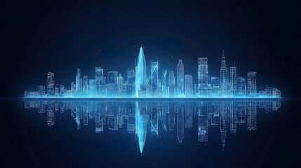 futuristic blue glowing modern city skyline and the beautiful reflextion in water at night