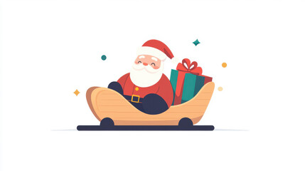 Delightful cartoon of a jolly Santa Claus in a wooden sleigh, piled high with vibrant Christmas gifts on a white backdrop.