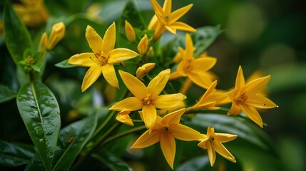 Obraz premium 07231249 607. Detailed view of a cluster of yellow star flowers growing on a plant, with an emphasis on the bright yellow petals and the surrounding verdant green leaves