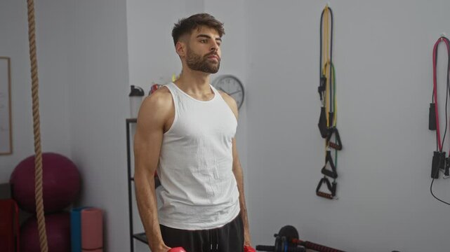 Young man lifting weights in gymnasium, focused on workout with dumbbells in an indoor fitness center for strength training.