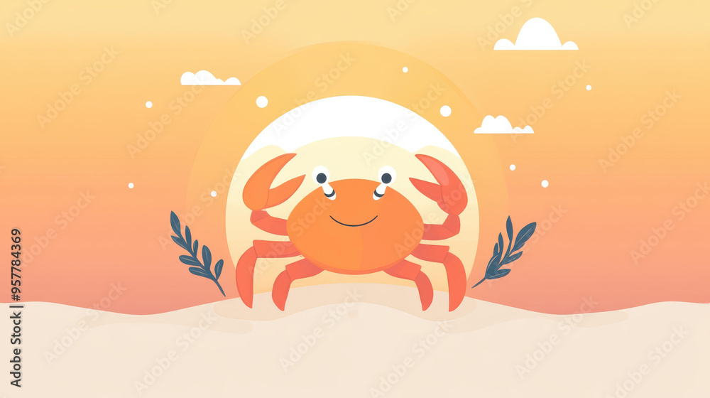 Wall mural a minimalist crab illustration on a calm beach, featuring soft colors and a clean, modern design.