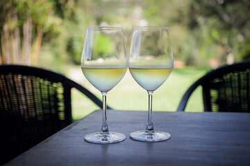 Two white wine glasses with a blurred garden background