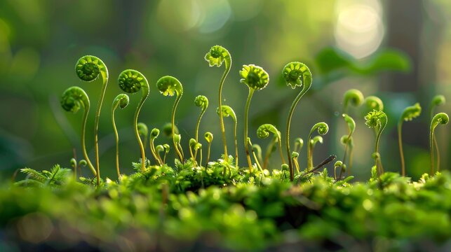 07231249 615. Close-up view of fern sprouts with detailed textures, set in a spring woodland environment, featuring natural green colors and ample space for adding text or graphic elements