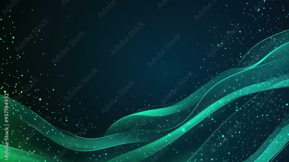 Sticker vibrant green wavy lines dance on a dark blue backdrop, enhanced with dots and luminous particles fo