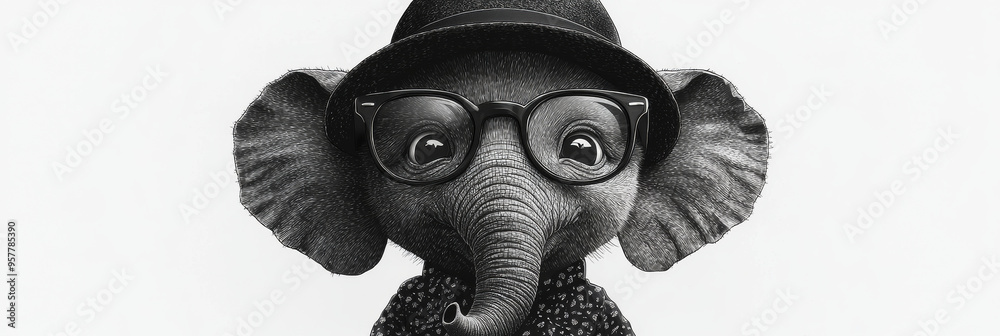 Wall mural A stylish elephant wearing a fedora, glasses, and a patterned shirt. This black and white illustration is both whimsical and cool.