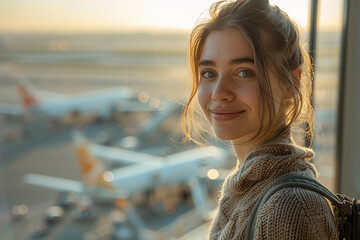 A young woman stands with anticipation near airport window, her eyes sparkling with excitement as she eagerly awaits her flight, morning sun casting a warm glow on her face and bustling tarmac below, 