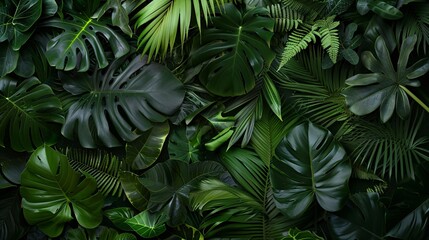 Fototapeta premium 07231249 622. High-resolution image of various dark green tropical leaves layered together, including monstera, palm, coconut, fern, and banana, forming a lush, cohesive nature background