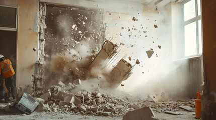 construction team demolishing an old wall in a building, with debris falling to the ground