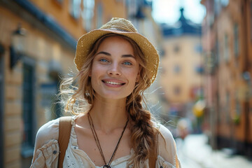 A tourist woman, with a wide-angle view, is captivated by vibrant and bustling city of Stockholm,...