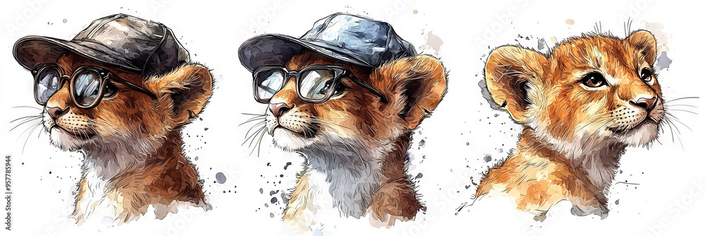 Canvas Prints three adorable lion cubs wearing hats and glasses, a playful and stylish illustration.