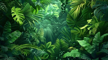 07231249 631. Detailed illustration of a lush tropical forest background, featuring an array of green leaves including ferns, palms, and monstera, creating a vibrant and immersive natural scene