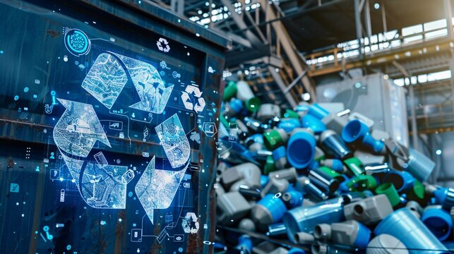07231249 638. Artistic representation of a digital globe with AI algorithms optimizing recycling and waste management, including icons of recycling bins and waste processing facilities