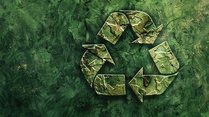07231249 643. Detailed illustration of a recycling symbol prominently displayed on a textured green background, incorporating subtle eco-friendly patterns and natural motifs