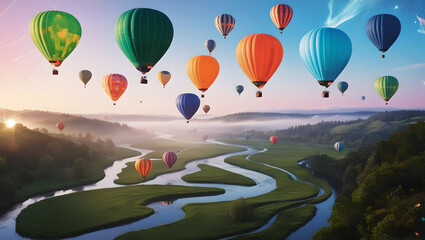 Fototapeta premium Serene Valley, Soaring Balloons