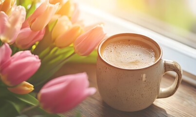 A rustic ceramic mug filled with coffee, placed on an old wooden table surrounded by pink tulips and other flowers, Generative AI