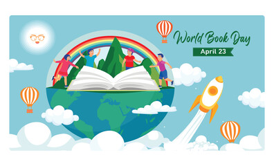 Children reading books outdoors. Background of clouds in the sky. World Book Day concept. Flat vector illustration.