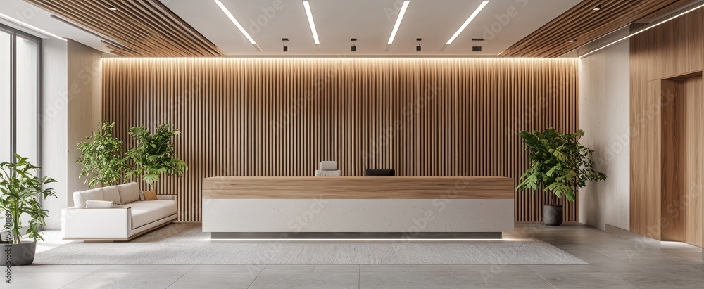 Sticker Modern Lobby with Wooden Wall and Concrete Reception Desk