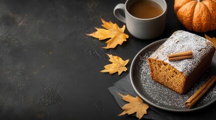 Pumpkin loaf with a sugar and cinnamon topping, served with a warm cup of cider, fall dessert, cozy autumn evening