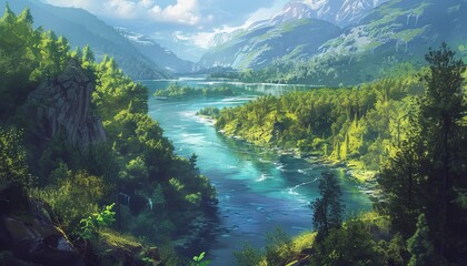 Beautiful river meandering through a vibrant forest with towering mountains in the background. Captures the spirit of adventure and nature’s grandeur. 🌲🏞️