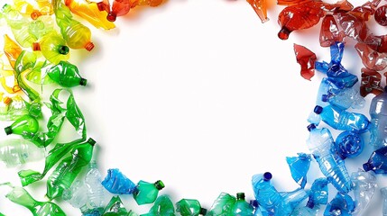 07231249 673. Artistic representation of a circular frame made from crushed plastic bottles, set against a white backdrop to convey a strong environmental conservation and recycling theme