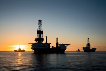 Obraz premium Sunset Silhouettes of Arctic Offshore Drilling Platforms in Energy Exploration