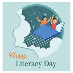 Girls and boys flying over books. Reading books becomes an imagination for children. Happy Literacy Day concept. Flat vector illustration.