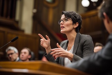 A female politician in a legislative chamber. She’s speaking passionately during a session with other lawmakers