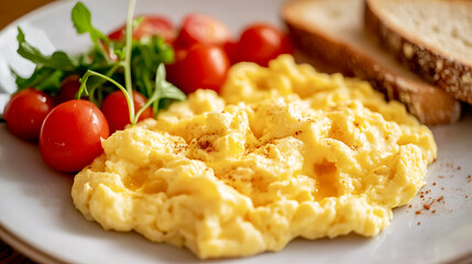Creamy scrambled eggs served with a side of toast and fresh tomatoes