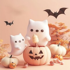 Fototapeta premium Boo-cream Cone, Ghost-Scoop Cute ghost figures and a jack-o'-lantern with bats create a playful Halloween scene full of charm and festive spirit.