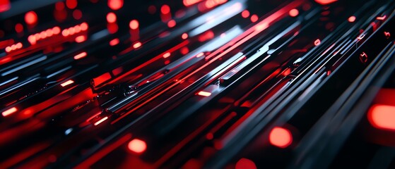 A futuristic abstract background with red and black digital lines, glowing lights, and a high-tech, cyber-themed aesthetic.