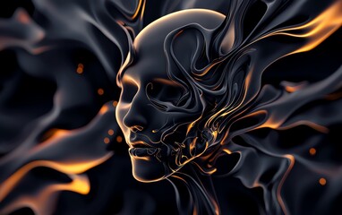 Fototapeta premium Abstract digital art of a human face with ethereal smoke effects and glowing accents against dark background.