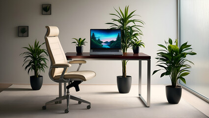 Fototapeta premium A modern home office setup featuring a minimalist desk, holding a latest-generation laptop. Paired with a comfortable, high-backed ergonomic chair.