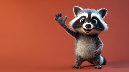 cute, animated raccoon character, waving and smiling with a friendly expression