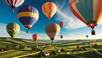 Fototapeta premium Hovering Peace: Balloons Above a Calm Valley
