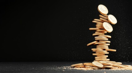 Collapsing tower of stacked pound coins on a black background, symbolizing financial instability, UK crisis