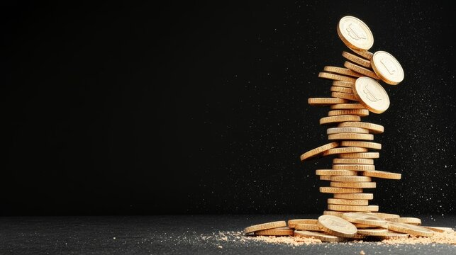 Collapsing tower of stacked pound coins on a black background, symbolizing financial instability, UK crisis