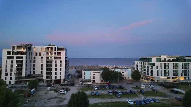 Time-lapse Romanian seaside Mamaia North Navodari beach sea, clear sky