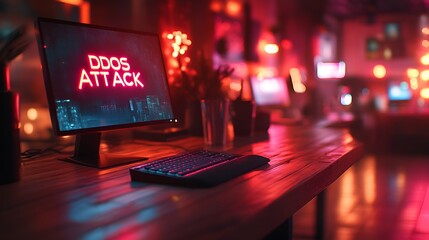 Computer sitting on a desk - ominous neon light = with the words’ “DDOS ATTACK” on the screen - cybersecurity - cyber - IT - hacker - hack 