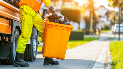 Keeping Our Streets Clean: Waste collector empties a residential bin on a sunny day, highlighting essential sanitation services. 