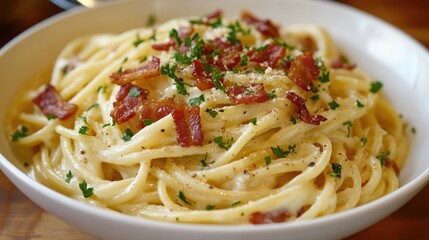 A beautifully arranged bowl of spaghetti carbonara with creamy sauce, crispy bacon bits, and a sprinkling of parsley on top.