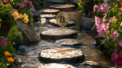 Bitcoin at the End of a Paved Path in a Stream, Surrounded by a Colourful Landscape