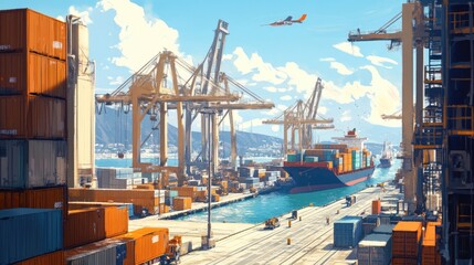 Fototapeta premium A bustling port terminal with ships anchored, containers stacked high, and cranes moving goods on a bright sunny day.