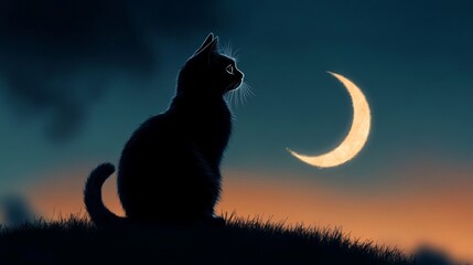Black Cat Silhouetted Against Crescent Moon.