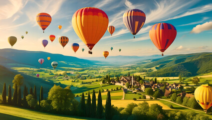 Fototapeta premium Village and Balloons: A Valley Panorama