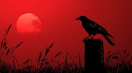 Raven Silhouette Against a Red Sunset.