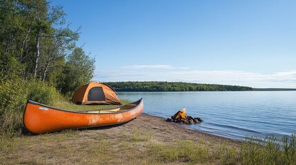 Fototapeta premium A canoe pulled up on a campsite shore, with a tent and campfire in the background under a clear blue sky.