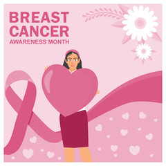 A woman with a heart sign. Pink ribbon background. Breast cancer awareness month concept. Flat vector illustration.
