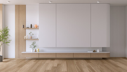 Minimalist living room with a blank white wall, ideal for a large-screen , living room interior ,white wall Mockup a TV  , 3d render © LEKSTOCK 3D