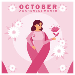 Smiling woman with pink ribbon. Holding flowers in hand. Breast cancer awareness month concept. Flat vector illustration.