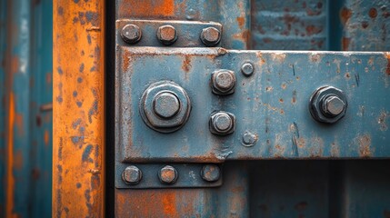 Fototapeta premium A close-up of a container's corner casting with bolts and steel structure, highlighting the robust design and engineering.